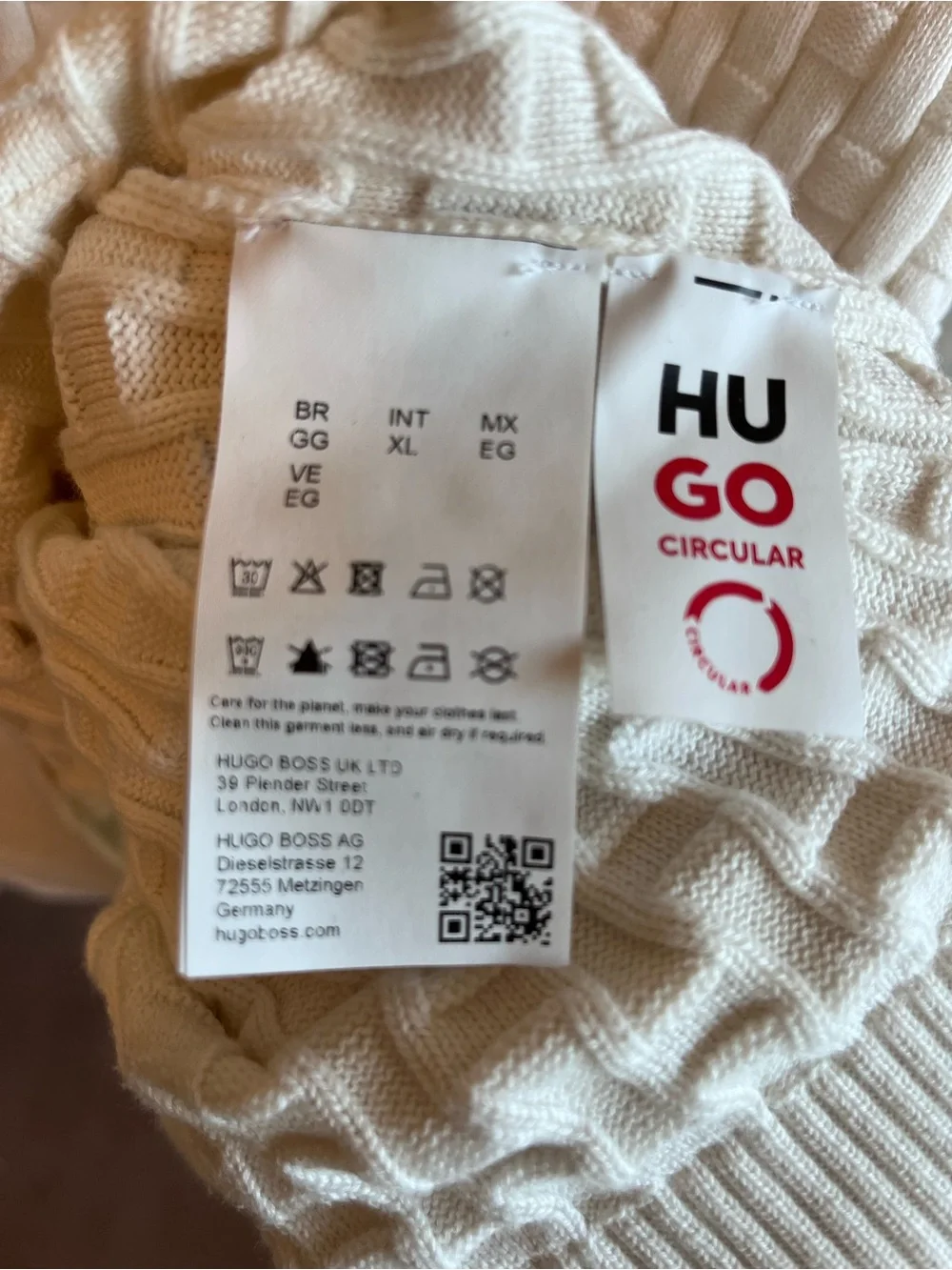 HUGO Boss Mens XL Stubon 3D Basketweave Textured Knit Sweater Off White Cream